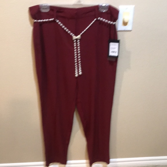 NWT Nicole Miller Cabernet Dress Pants w/Pockets Faux Pearl Belt Sparkle Bow-10 - Picture 1 of 12